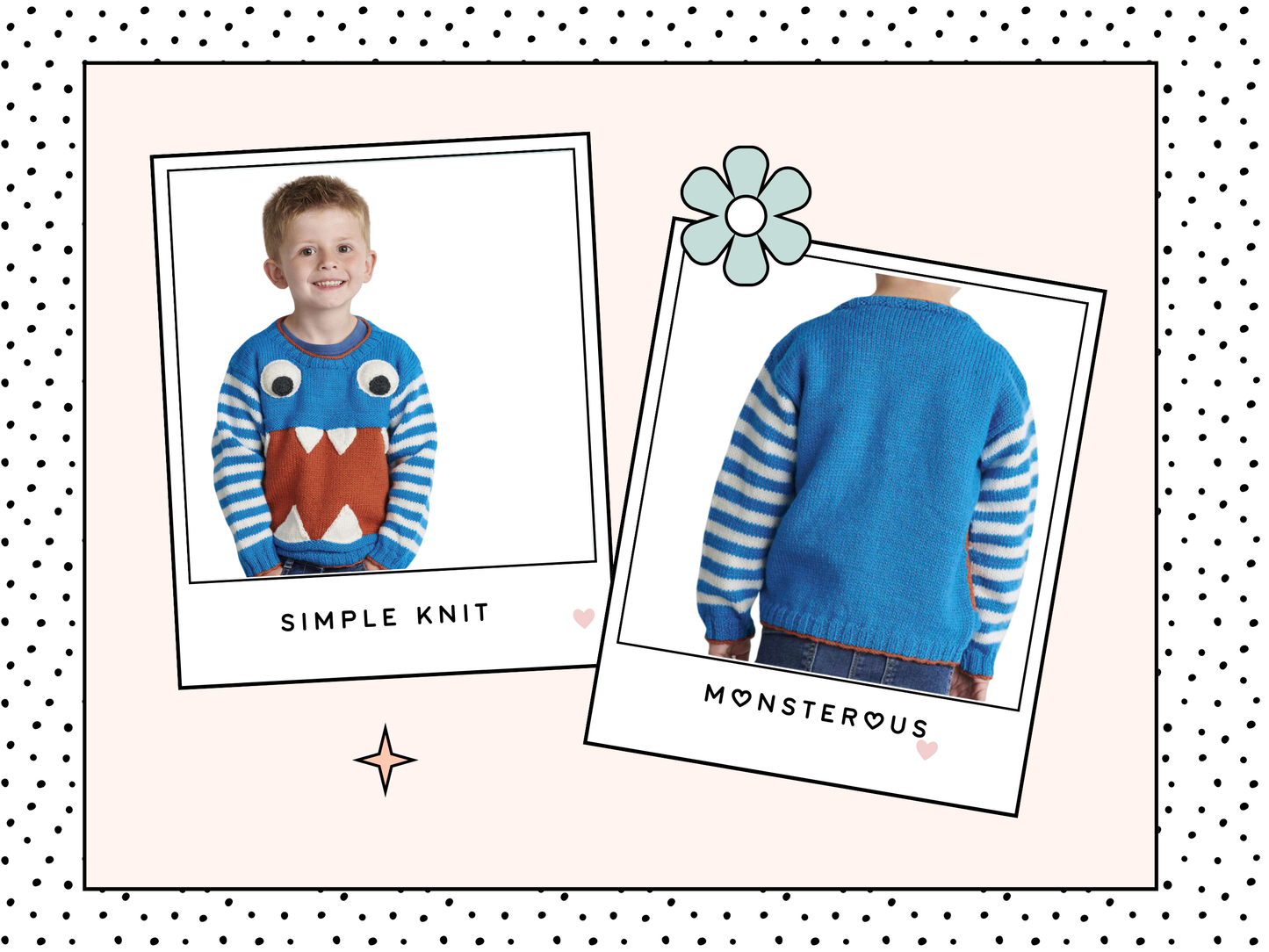 Monstrous kids sweater knitting pattern, a blue sweater with striped sleeves. A large red section across the tummy with knitted teeth and large googly eyes makes this jumper both cute and terrifying, no intarsia. Knitting pattern by Jane Burn