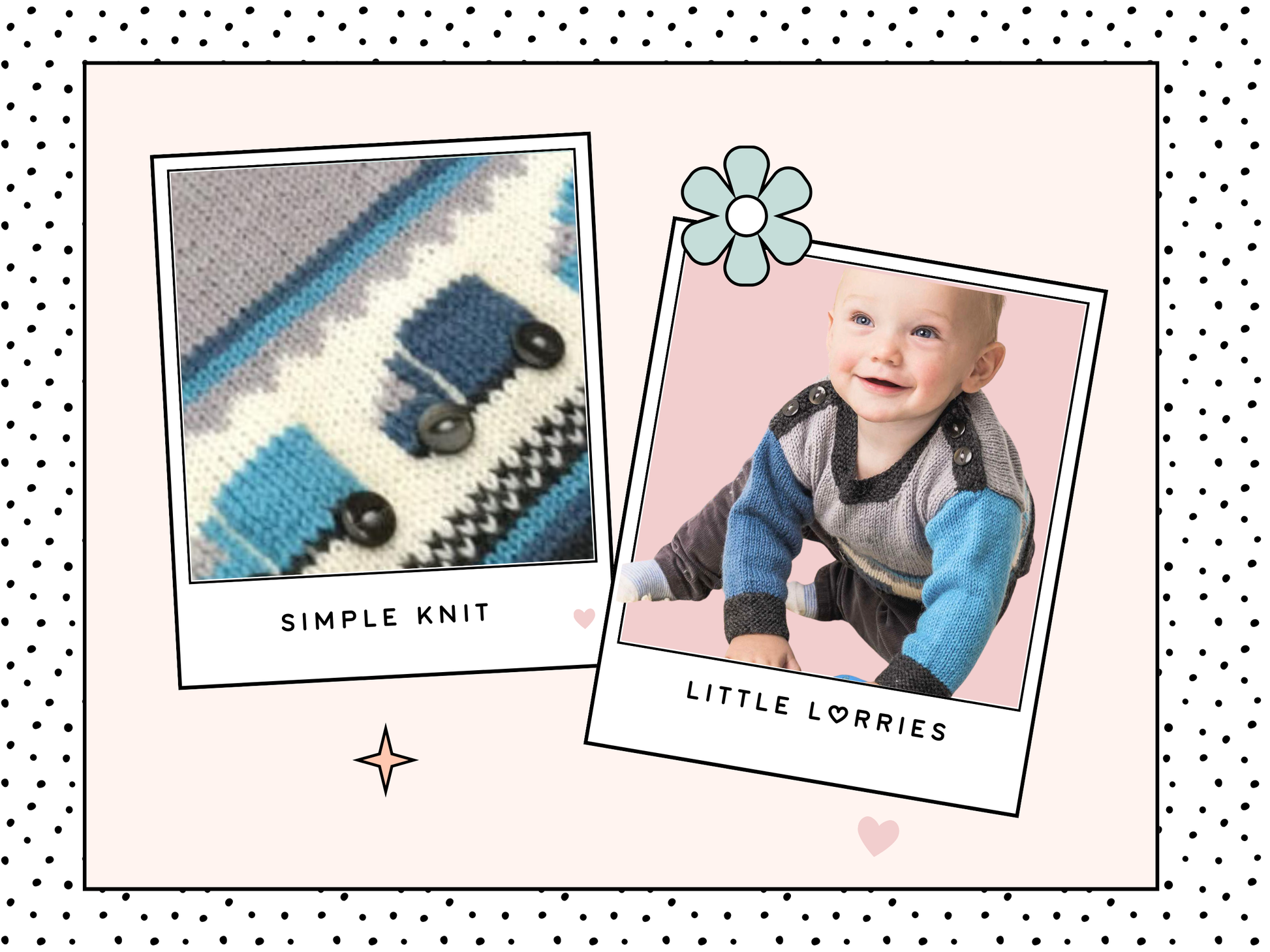 A baby sweater with button fastening either side of neck. Grey body with blue sleeves. a white panel runs across the front with intarsia lorries with button wheels, a checkboard banner and stripes finish the bottom. knitting pattern