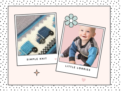 A baby sweater with button fastening either side of neck. Grey body with blue sleeves. a white panel runs across the front with intarsia lorries with button wheels, a checkboard banner and stripes finish the bottom. knitting pattern