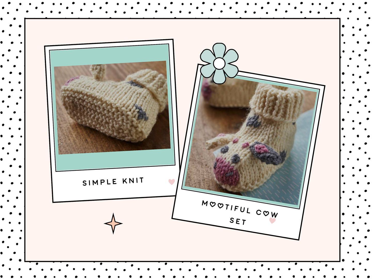 Mootiful Cow Print Baby Hat, Booties and Pants knitted set. Knitting pattern for cow themed baby accessories. Bucket hat with cow print, ears and horns. Cow bootees and frilly cow print soakers, knitting pattern by jane burns