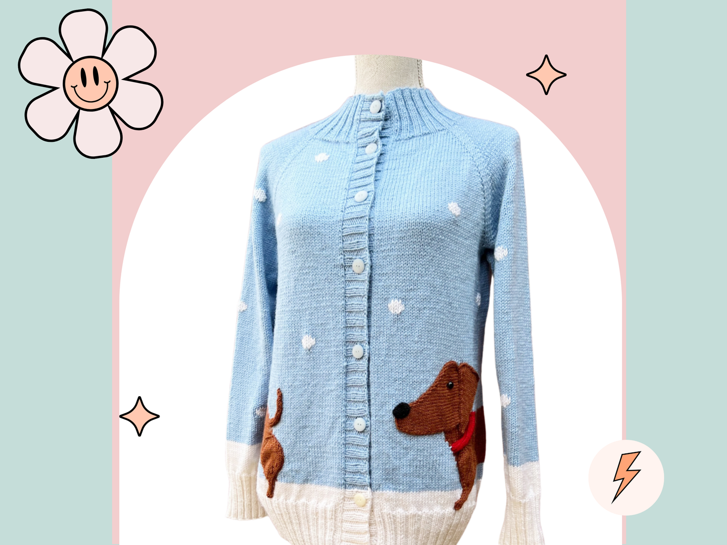 DACHSHUND IN THE SNOW seamless top down cardigan sized to fit adults. Intarsia panel and applique pieces bring this sausage dog to life. knitting pattern, download, jane burns, christmas jumper