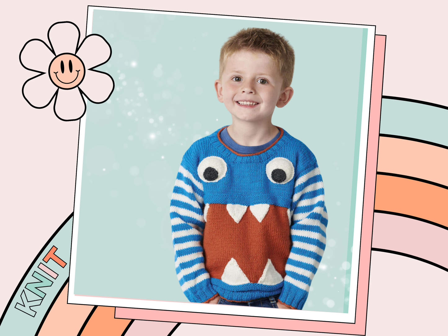 Monstrous kids sweater knitting pattern, a blue sweater with striped sleeves. A large red section across the tummy with knitted teeth and large googly eyes makes this jumper both cute and terrifying, no intarsia. Knitting pattern by Jane Burn