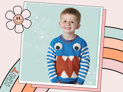 Monstrous kids sweater knitting pattern, a blue sweater with striped sleeves. A large red section across the tummy with knitted teeth and large googly eyes makes this jumper both cute and terrifying, no intarsia. Knitting pattern by Jane Burn