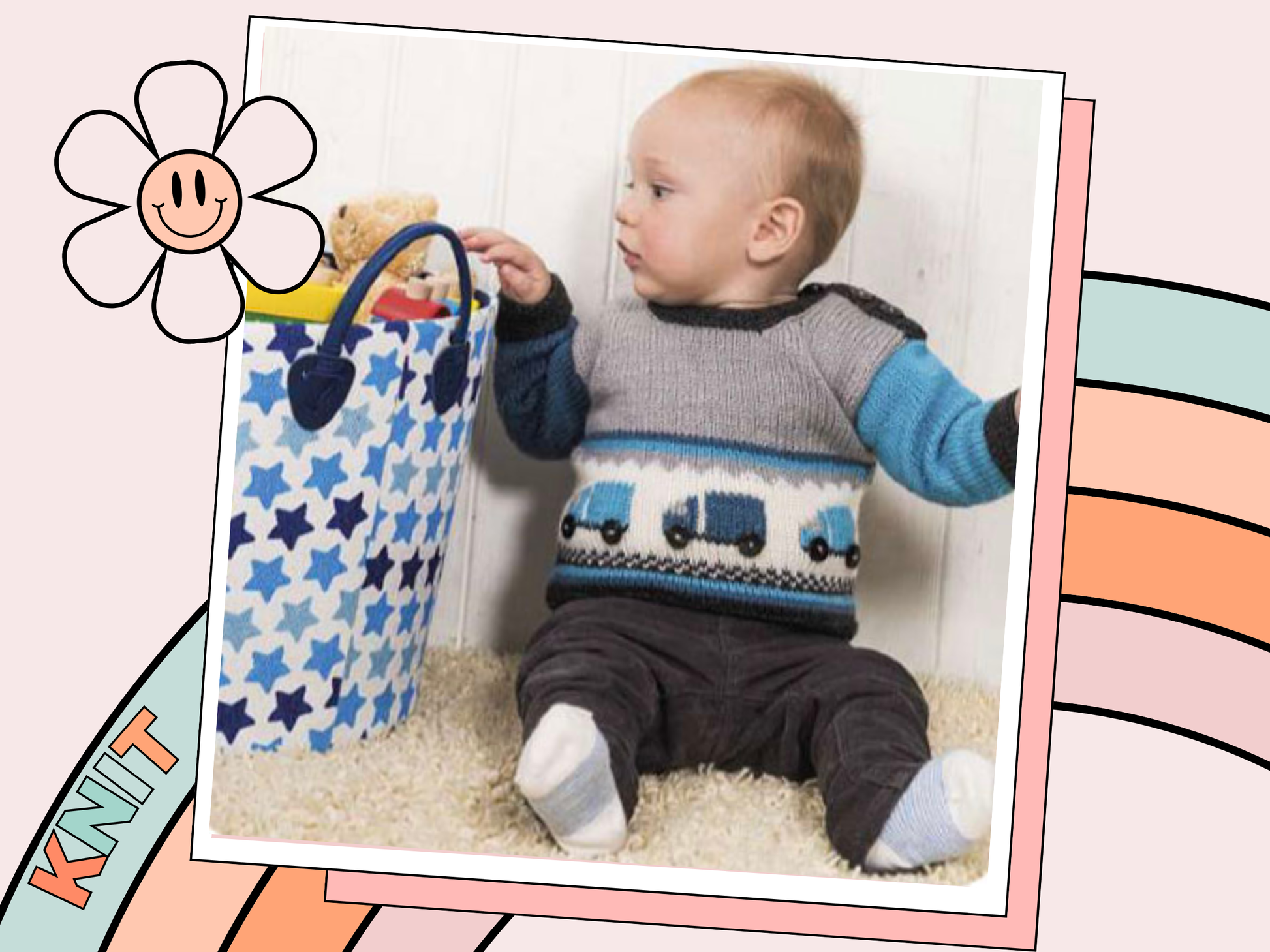 A baby sweater with button fastening either side of neck. Grey body with blue sleeves. a white panel runs across the front with intarsia lorries with button wheels, a checkboard banner and stripes finish the bottom. knitting pattern