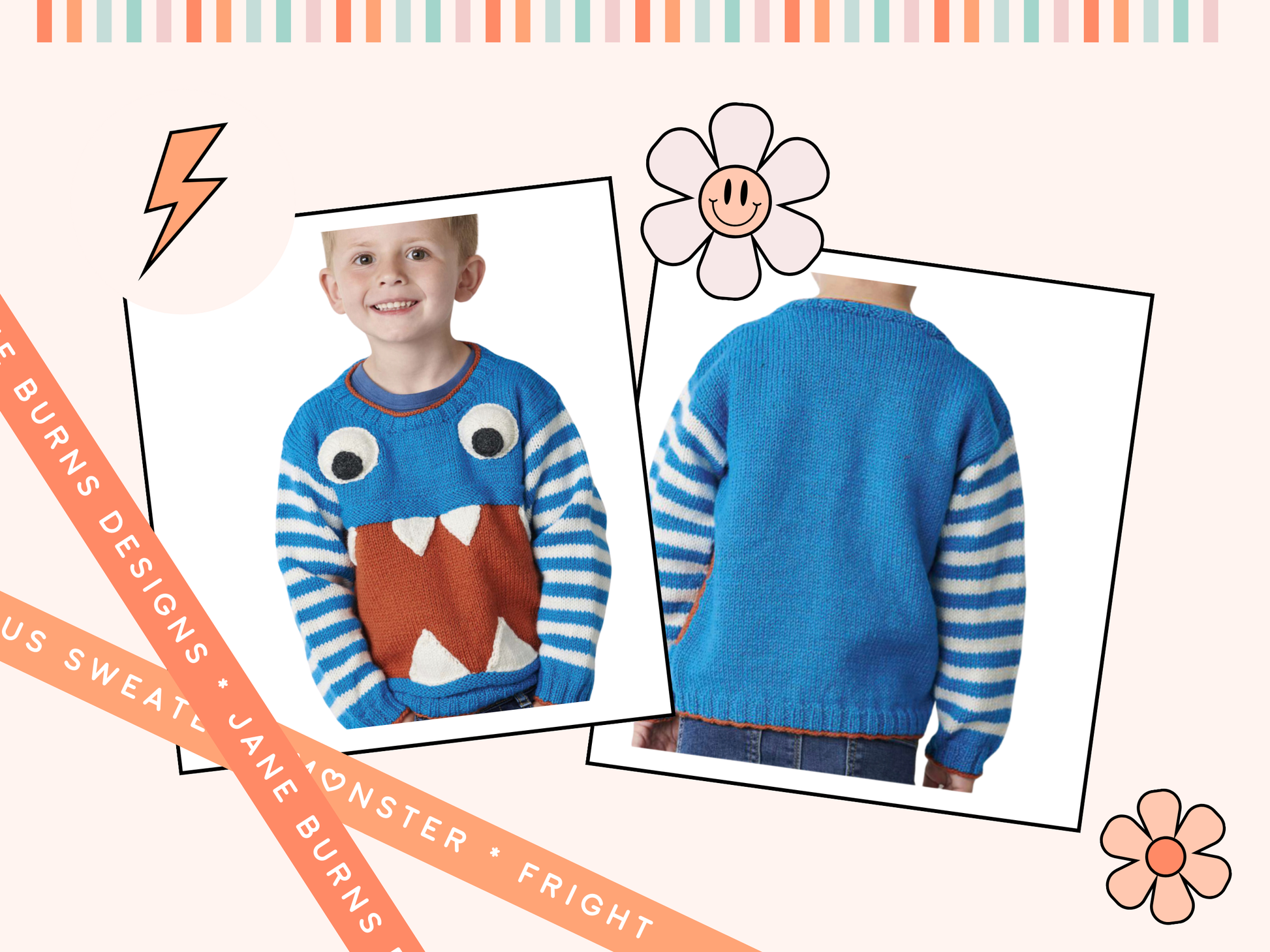 Monstrous kids sweater knitting pattern, a blue sweater with striped sleeves. A large red section across the tummy with knitted teeth and large googly eyes makes this jumper both cute and terrifying, no intarsia. Knitting pattern by Jane Burn