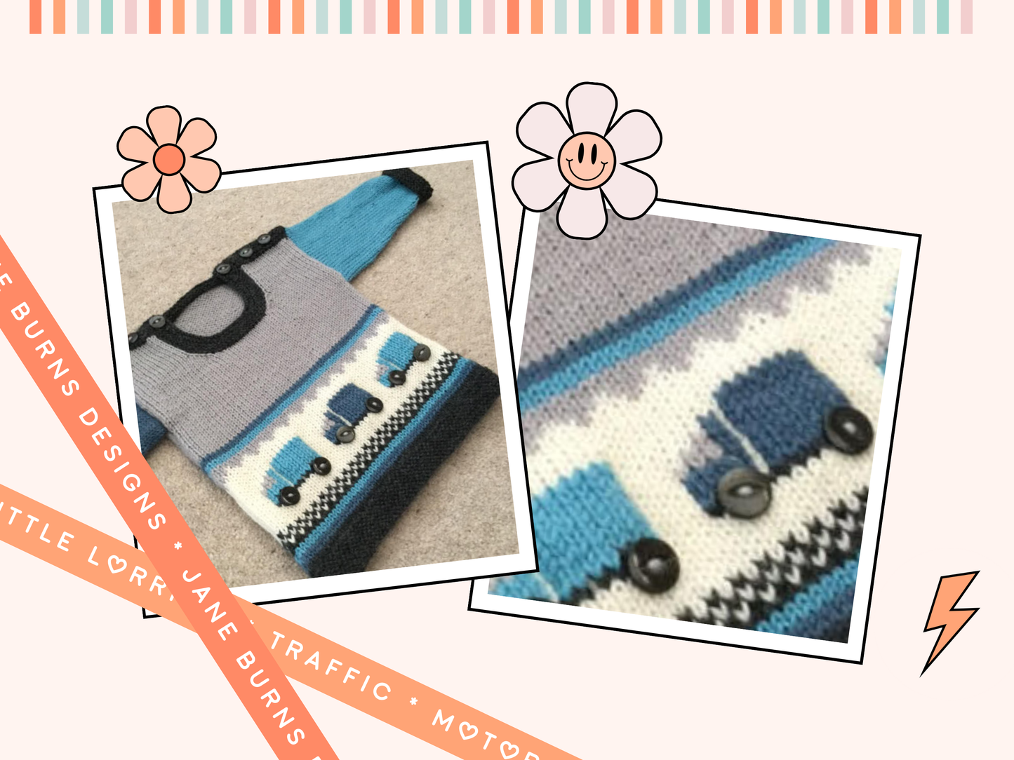A baby sweater with button fastening either side of neck. Grey body with blue sleeves. a white panel runs across the front with intarsia lorries with button wheels, a checkboard banner and stripes finish the bottom. knitting pattern