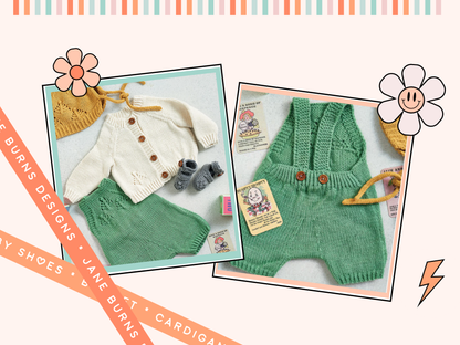 knitting pattern for modern baby layette, baby shower knitted gift for boys and girls, contemporary colours, romper, bonnet, baby cardigan and booties, jane burns