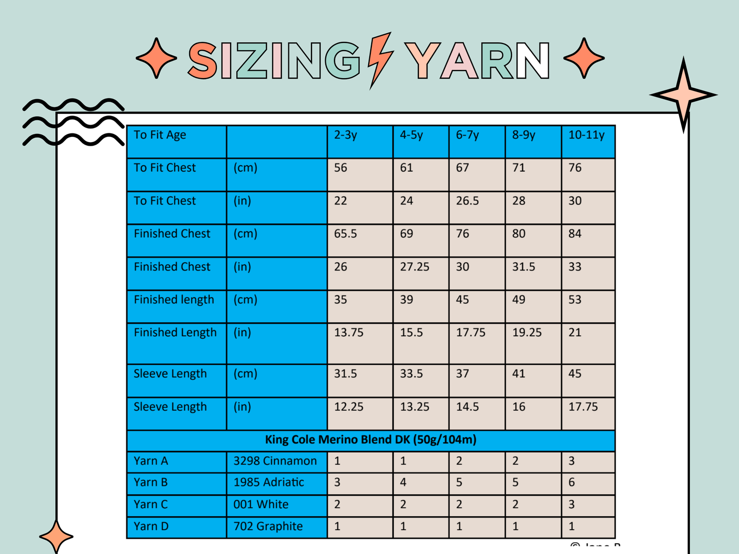 sizing chart and yarn requirments for monstrous, kids monster jumper knitting pattern by jane burns