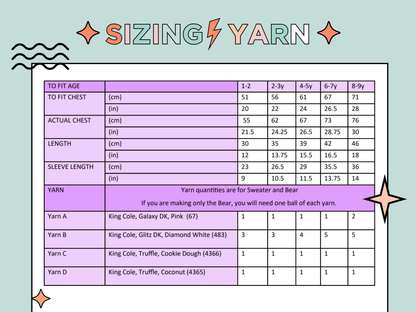 sizing info and yarn requirements for kids jumper with fluffy teddy bear wearing a sparkly tutu on the front of a kids sweater with ruffles. White sweater with beige fluffy bear wearing a pink sequin tutu. matching fluffy teddy toy also wearing a tutu. knitting pattern jane burns