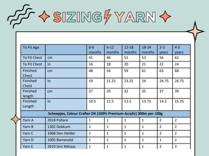 sizing info and yarn requirements for A baby sweater with button fastening either side of neck. Grey body with blue sleeves. a white panel runs across the front with intarsia lorries with button wheels, a checkboard banner and stripes finish the bottom. knitting pattern