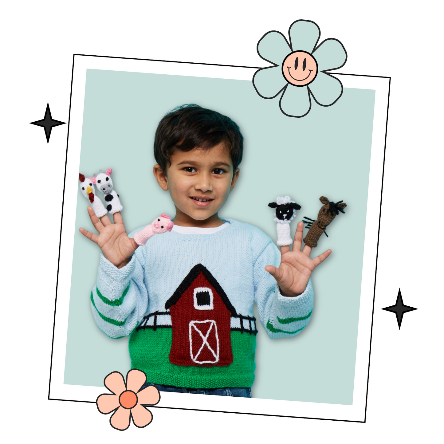 Barnyard Pals, Kids Farmyard Sweater & Finger Puppets - Kniting Pattern