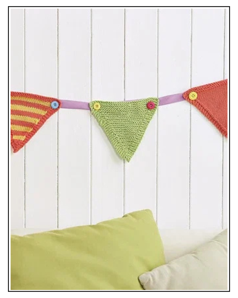 Knitted triangle bunting pattern PDF, three styles in DK yarn, plain, striped and garter stitch