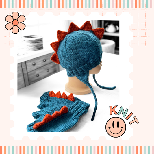 Knitted dinosaur hat and gloves set on a mannequin head. Teal trapper style hat with earflaps and chin strap with copper spikes running from front to back of hat. matching fingerless mittnes with small copper spikes running down the front of the hand. Knitting pattern by jane burns