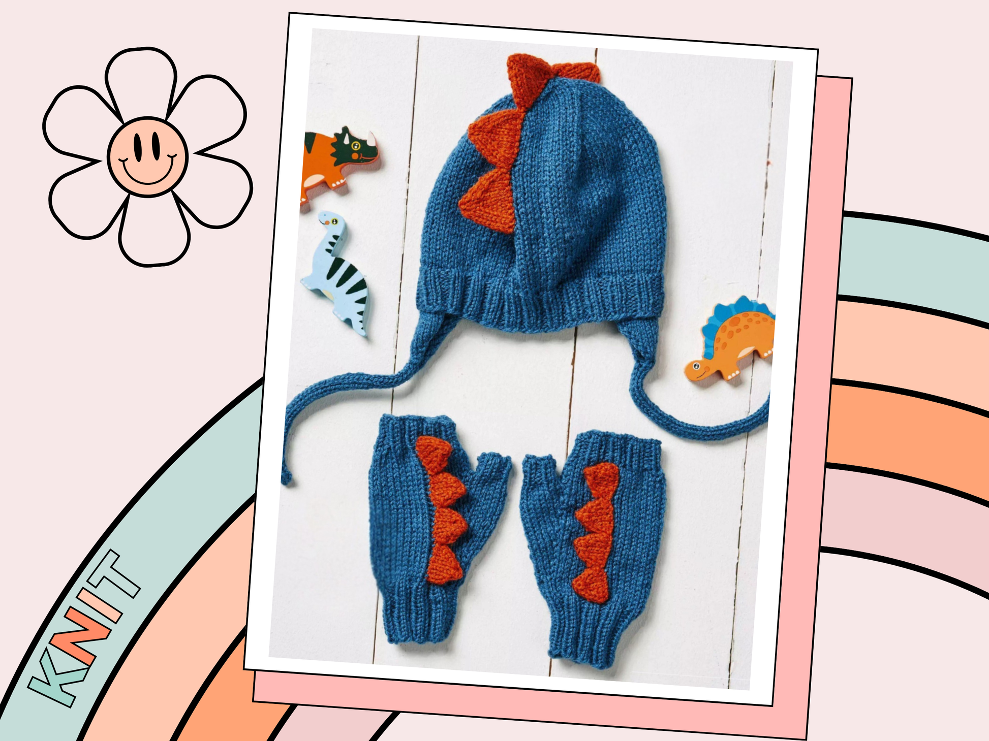 Knitted dinosaur hat and gloves set on a mannequin head. Teal trapper style hat with earflaps and chin strap with copper spikes running from front to back of hat. matching fingerless mittnes with small copper spikes running down the front of the hand. Knitting pattern by jane burns