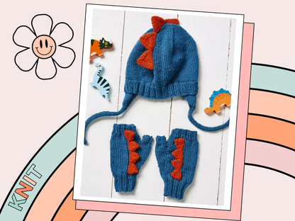 Knitted dinosaur hat and gloves set on a mannequin head. Teal trapper style hat with earflaps and chin strap with copper spikes running from front to back of hat. matching fingerless mittnes with small copper spikes running down the front of the hand. Knitting pattern by jane burns
