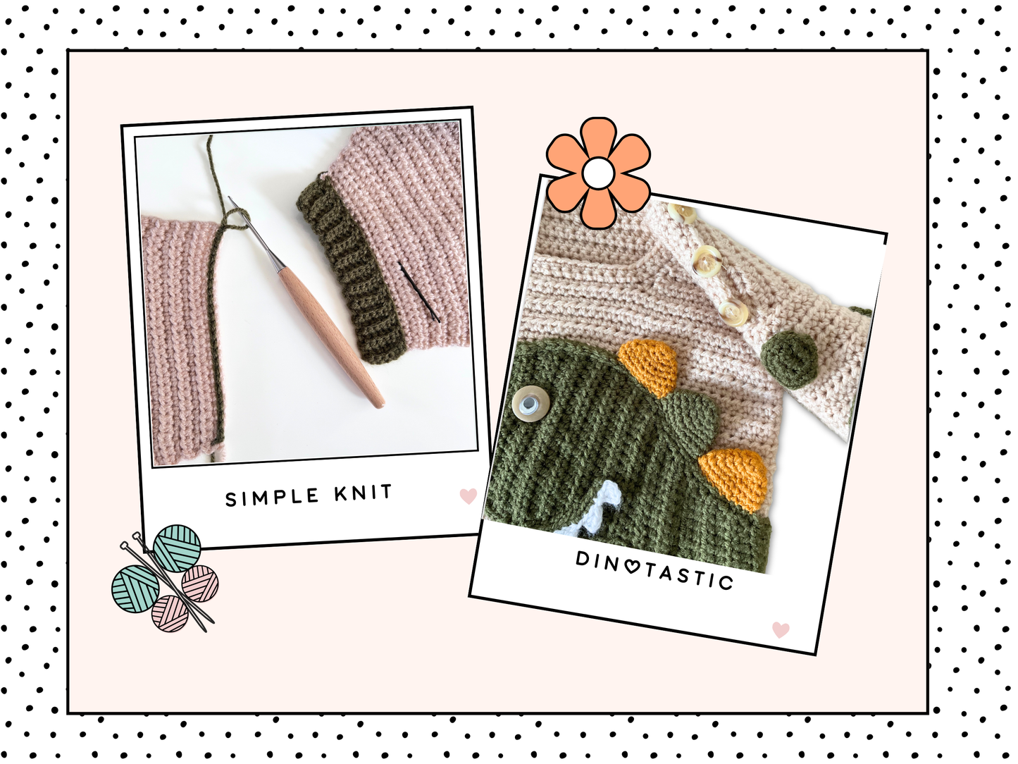 beige crochet sweater with moss green cuff, featuring a moss green dinosaur applique, mustard and moss green spikes run down the spine of the dinosaur. the dinosaur has white teeth and googly eye. the sleeves of the jumper has crochet spots sewn to them. dinotastic crochet sweater pattern for babies and toddlers by jane burns