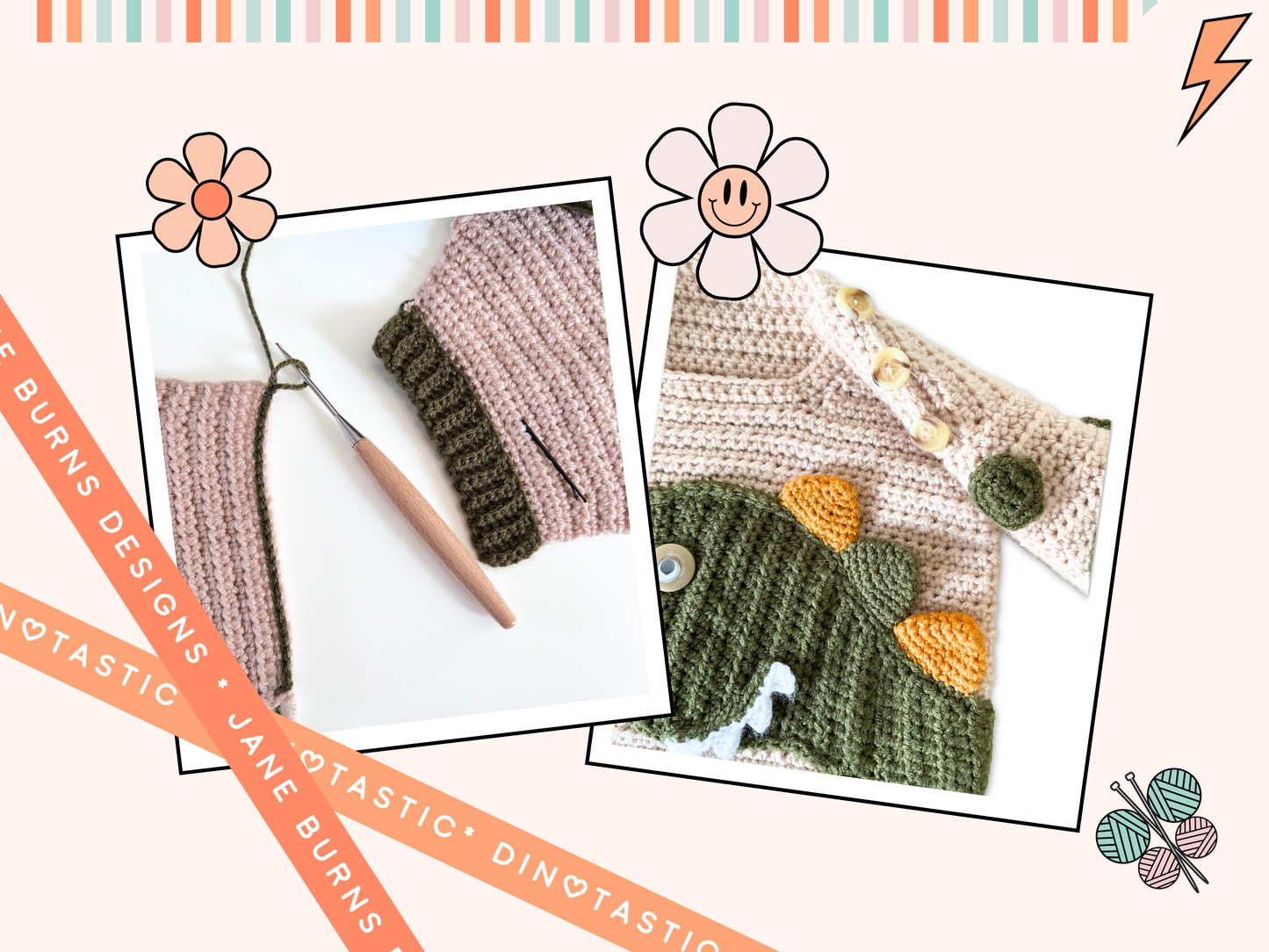 beige crochet sweater with moss green cuff, featuring a moss green dinosaur applique, mustard and moss green spikes run down the spine of the dinosaur. the dinosaur has white teeth and googly eye. the sleeves of the jumper has crochet spots sewn to them. dinotastic crochet sweater pattern for babies and toddlers by jane burns