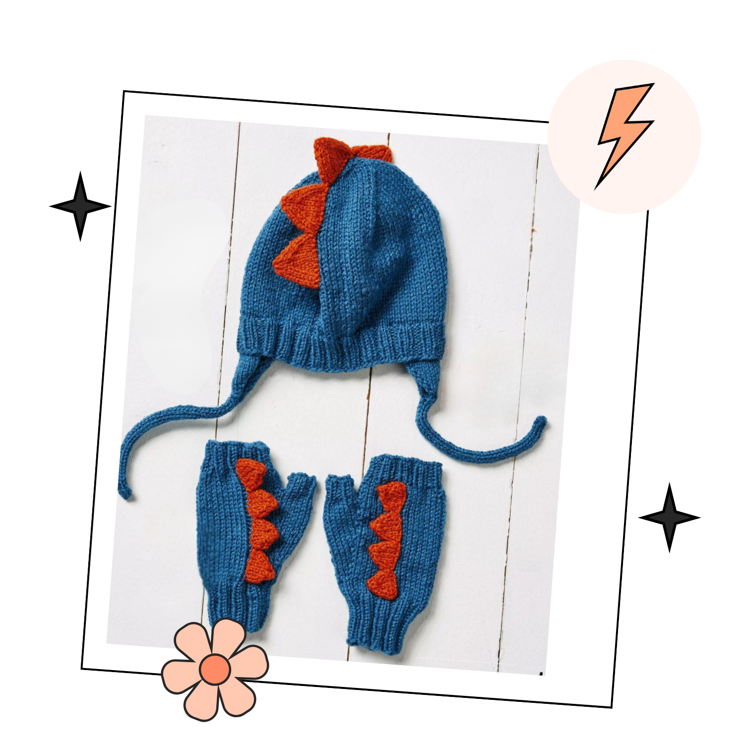 Knitted dinosaur hat and gloves set on a mannequin head. Teal trapper style hat with earflaps and chin strap with copper spikes running from front to back of hat. matching fingerless mittnes with small copper spikes running down the front of the hand. Knitting pattern by jane burns