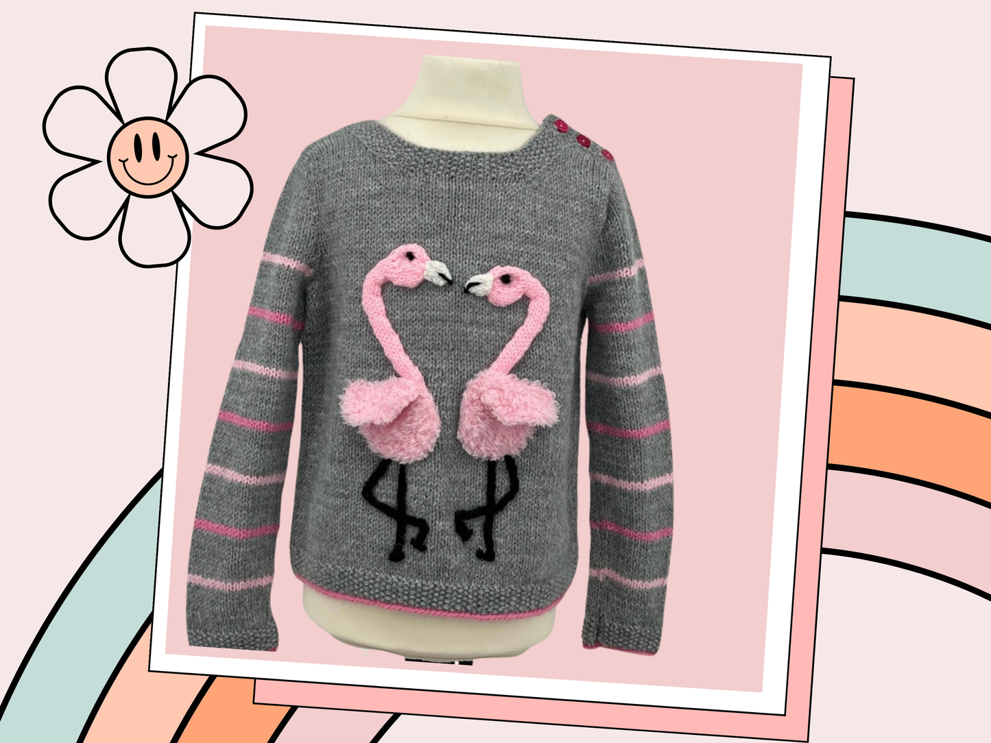 Fluffy Flamingos, Simple Kids Jumper with Applique Flamingos - Knitting Pattern