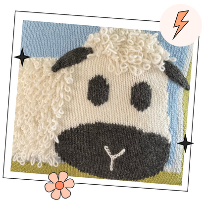 woolly sheep cushion knitting pattern, loopy stitch sheep in frame cushion knitting pattern download