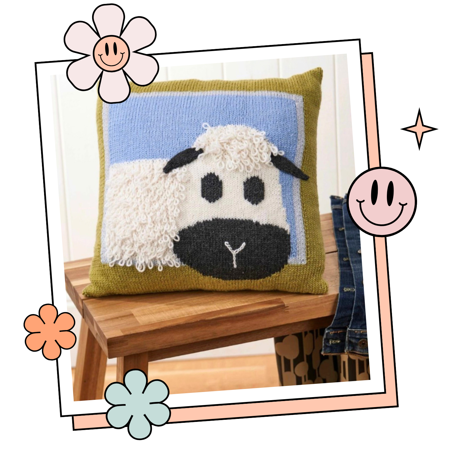 woolly sheep cushion knitting pattern, loopy stitch sheep in frame cushion knitting pattern download