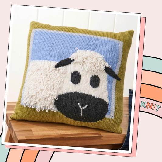 woolly sheep cushion knitting pattern, loopy stitch sheep in frame cushion knitting pattern download