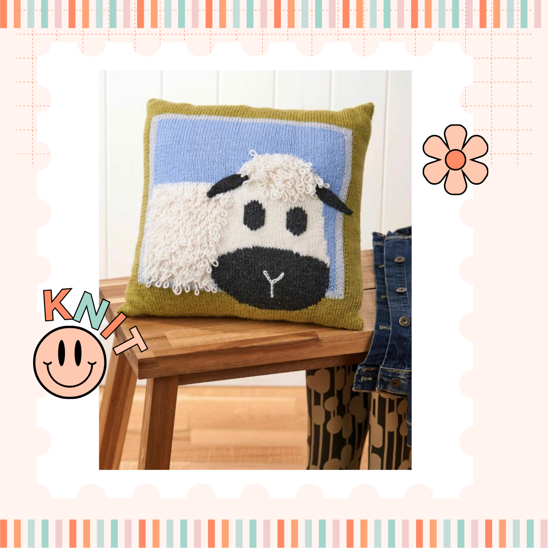 woolly sheep cushion knitting pattern, loopy stitch sheep in frame cushion knitting pattern download