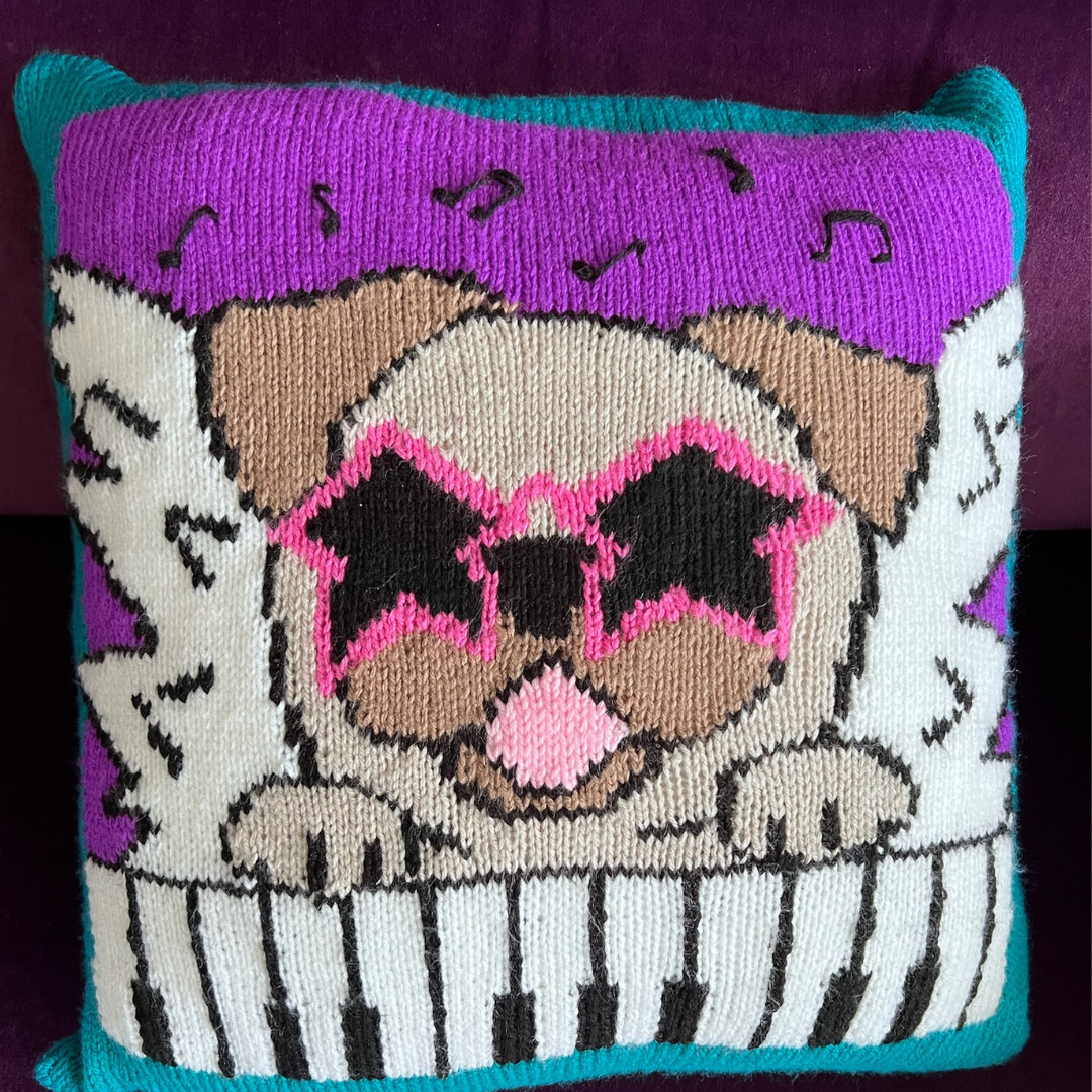 Elton Bone, Pug Dog Music Pun Cushion - Knitting Pattern