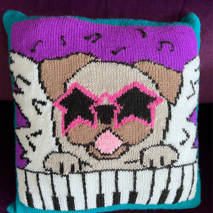 Elton Bone, Pug Dog Music Pun Cushion - Knitting Pattern