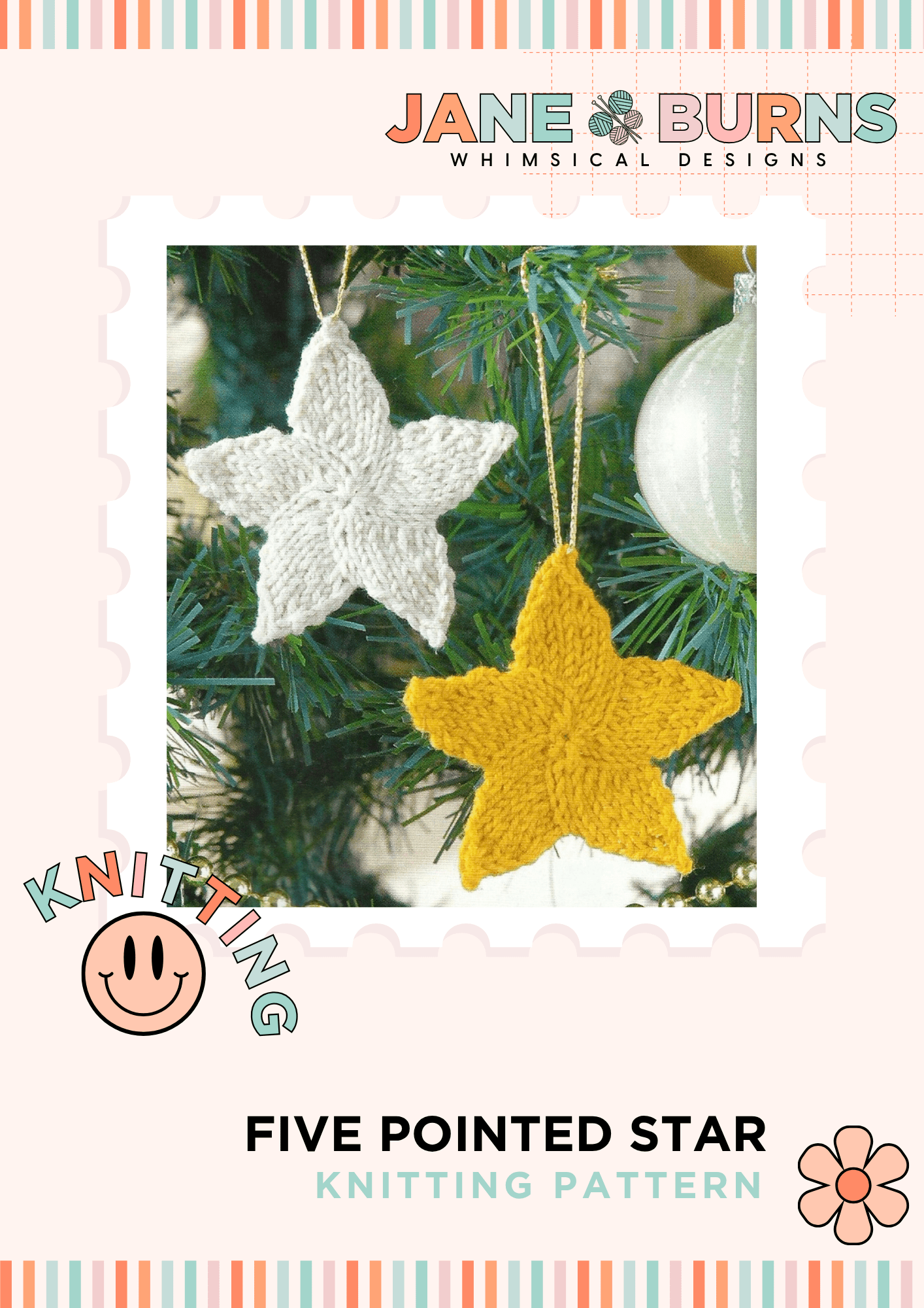 Five Pointed Star Christmas Tree Decoration Knitting Pattern PDF Download - Jane Burns Designs