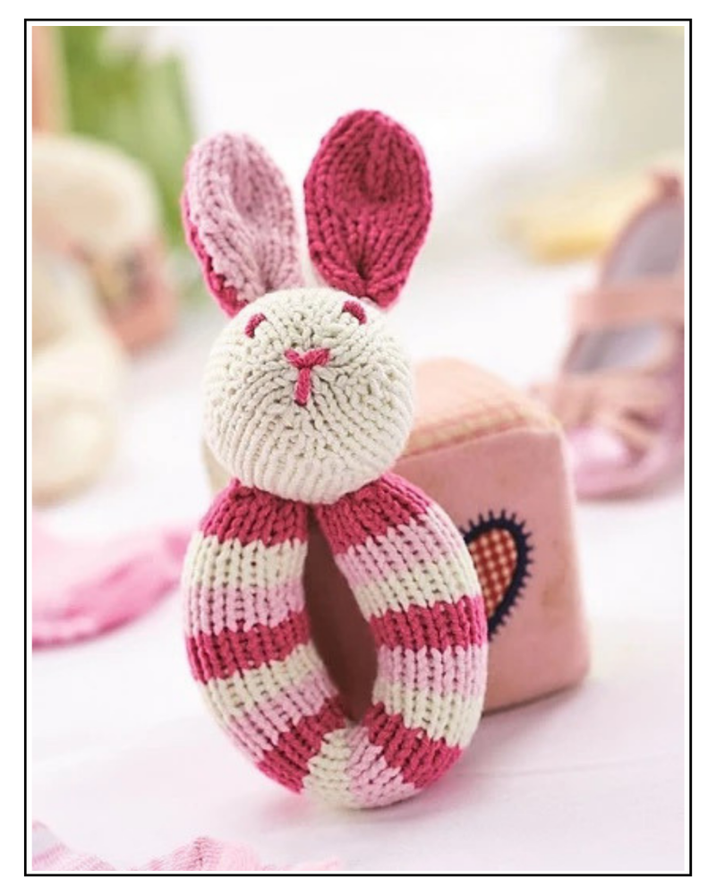 Baby bunny rattle knitting pattern, flopsy bunny close up, floppy ears detail