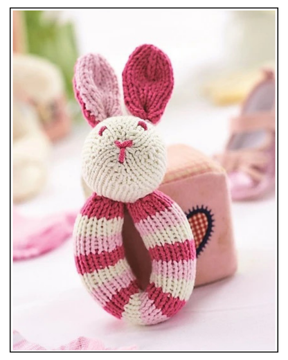 Baby bunny rattle knitting pattern, flopsy bunny close up, floppy ears detail