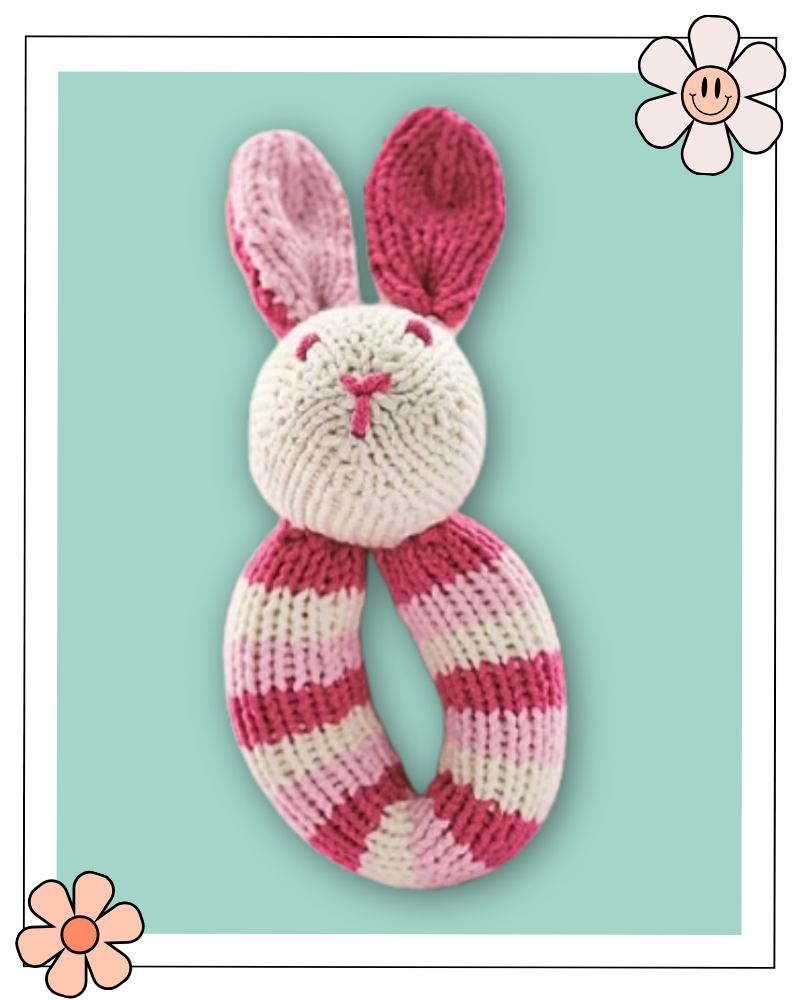 Flopsy bunny knitted baby rattle, DK yarn, pink and white stripes, 16cm tall