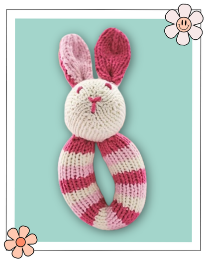 Flopsy bunny knitted baby rattle, DK yarn, pink and white stripes, 16cm tall