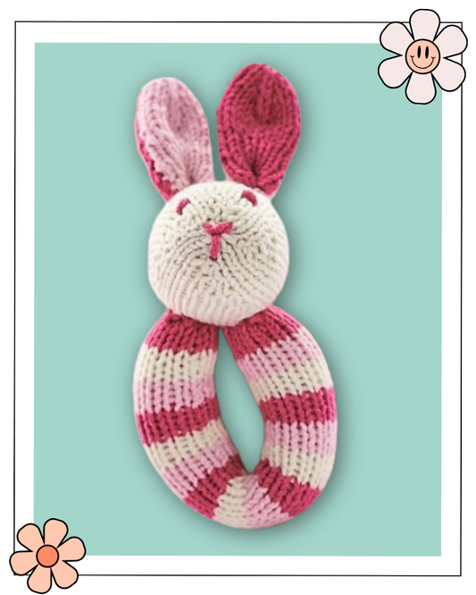 Flopsy bunny knitted baby rattle, DK yarn, pink and white stripes, 16cm tall