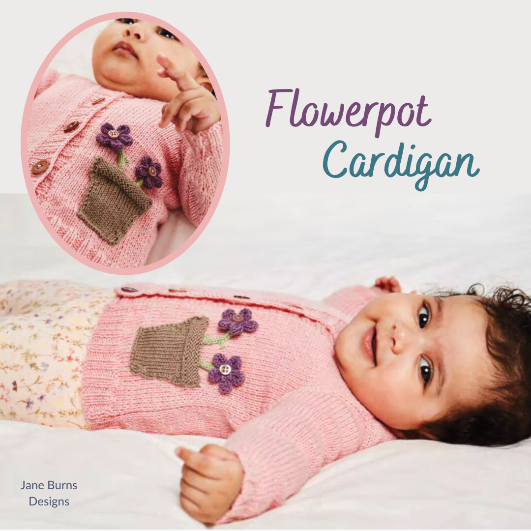 Flowerpot Cardigan, Simple Baby Cardigan with Flowers in Pocket - Knitting Pattern