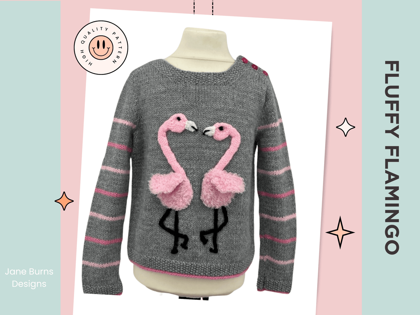 Fluffy Flamingo kids jumper knitting pattern, two applique flamingos forming heart shape, ages 1 to 9
