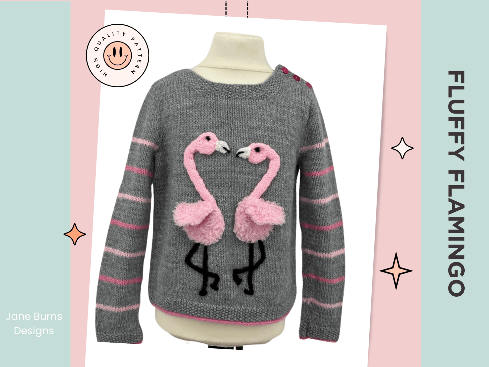 Fluffy Flamingo kids jumper knitting pattern, two applique flamingos forming heart shape, ages 1 to 9