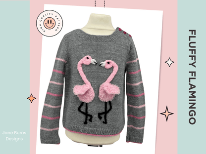 Fluffy Flamingo kids jumper knitting pattern, two applique flamingos forming heart shape, ages 1 to 9