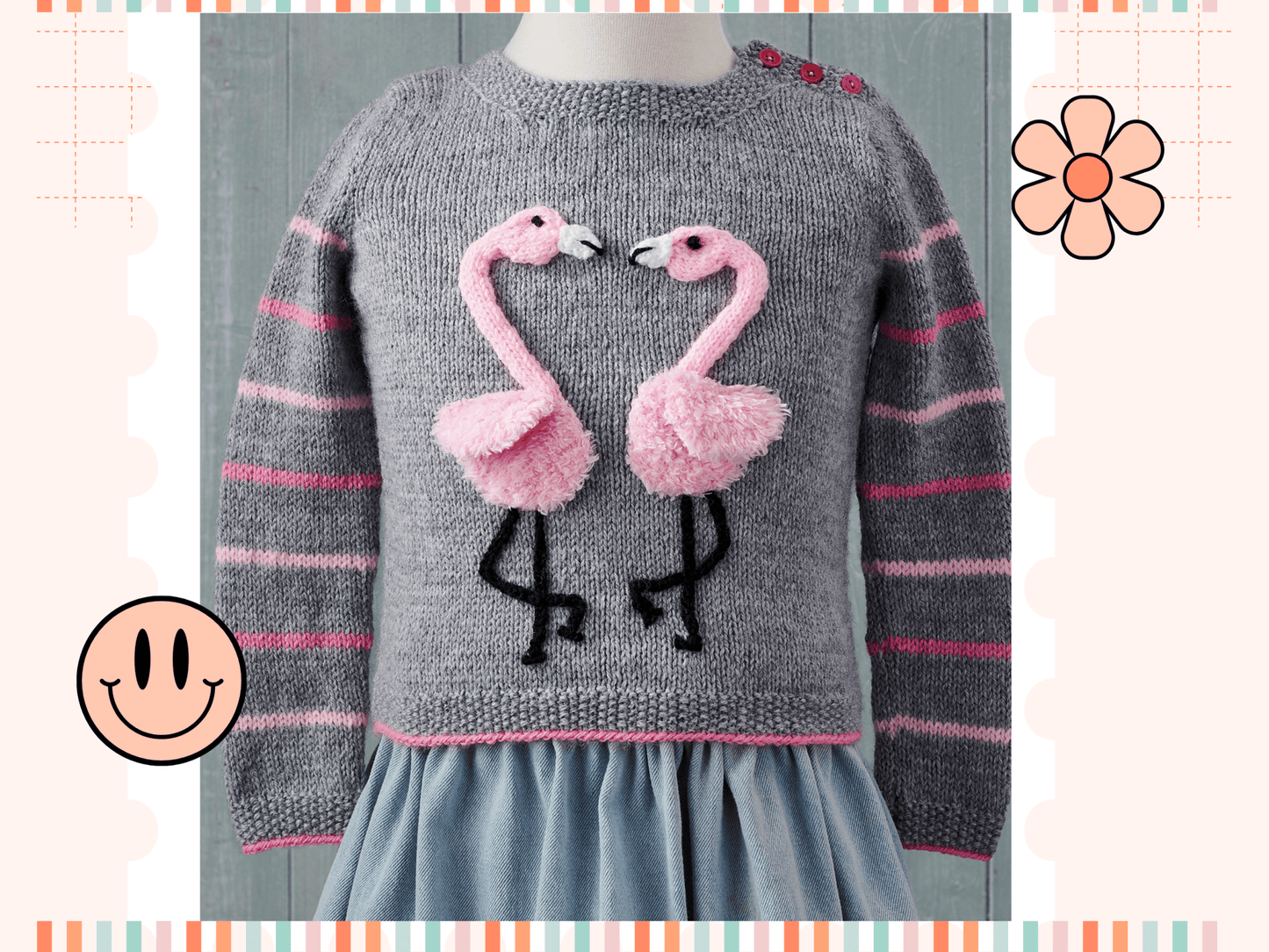 Fluffy Flamingo kids jumper knitting pattern, two applique flamingos forming heart shape, ages 1 to 9