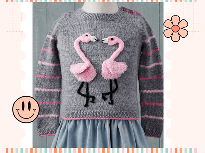 Fluffy Flamingo kids jumper knitting pattern, two applique flamingos forming heart shape, ages 1 to 9