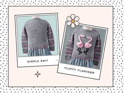 Fluffy Flamingo kids jumper knitting pattern, two applique flamingos forming heart shape, ages 1 to 9