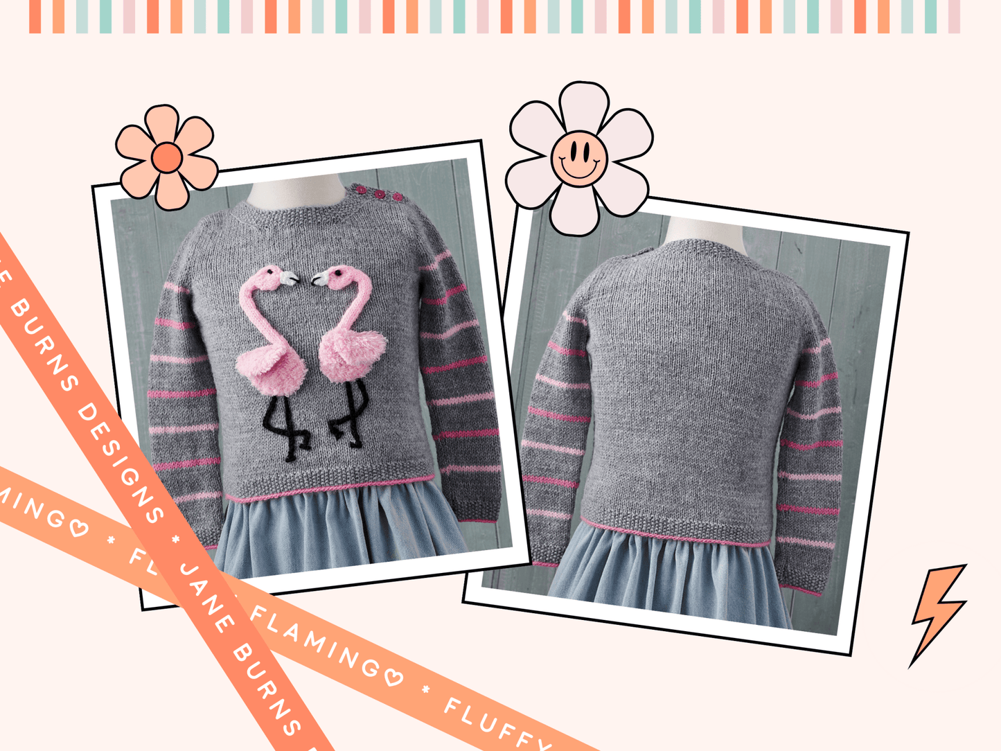 Kids flamingo applique jumper, pink stripe sleeve detail, moss stitch border, 5 sizes