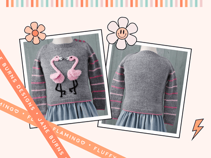 Kids flamingo applique jumper, pink stripe sleeve detail, moss stitch border, 5 sizes