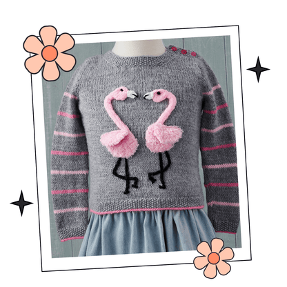 Kids flamingo jumper front view, fluffy King Cole Truffle applique flamingos, platinum DK body