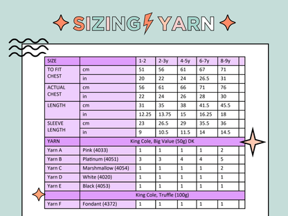 Sizing chart for Fluffy Flamingo kids jumper knitting pattern, yarn requirements all sizes