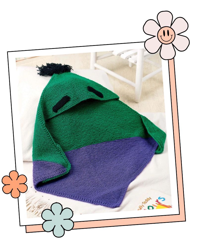 Hooded baby blanket knitting pattern, Frankenstein monster design in green and purple garter stitch, one size