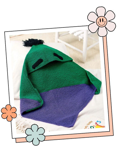 Hooded baby blanket knitting pattern, Frankenstein monster design in green and purple garter stitch, one size