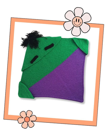 Frankenstein monster baby blanket knitting pattern, green hood and purple lower section, beginner knitting pattern