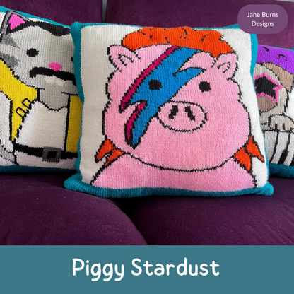 Piggy Stardust, Funny Music Pun Intarsia Cushion - Knitting Pattern